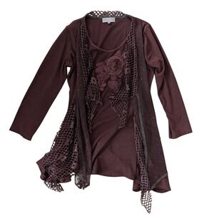 Pretty Angel Women's Brown Silk Blend Layered Top Cardigan Rosette Lagenlook- XL